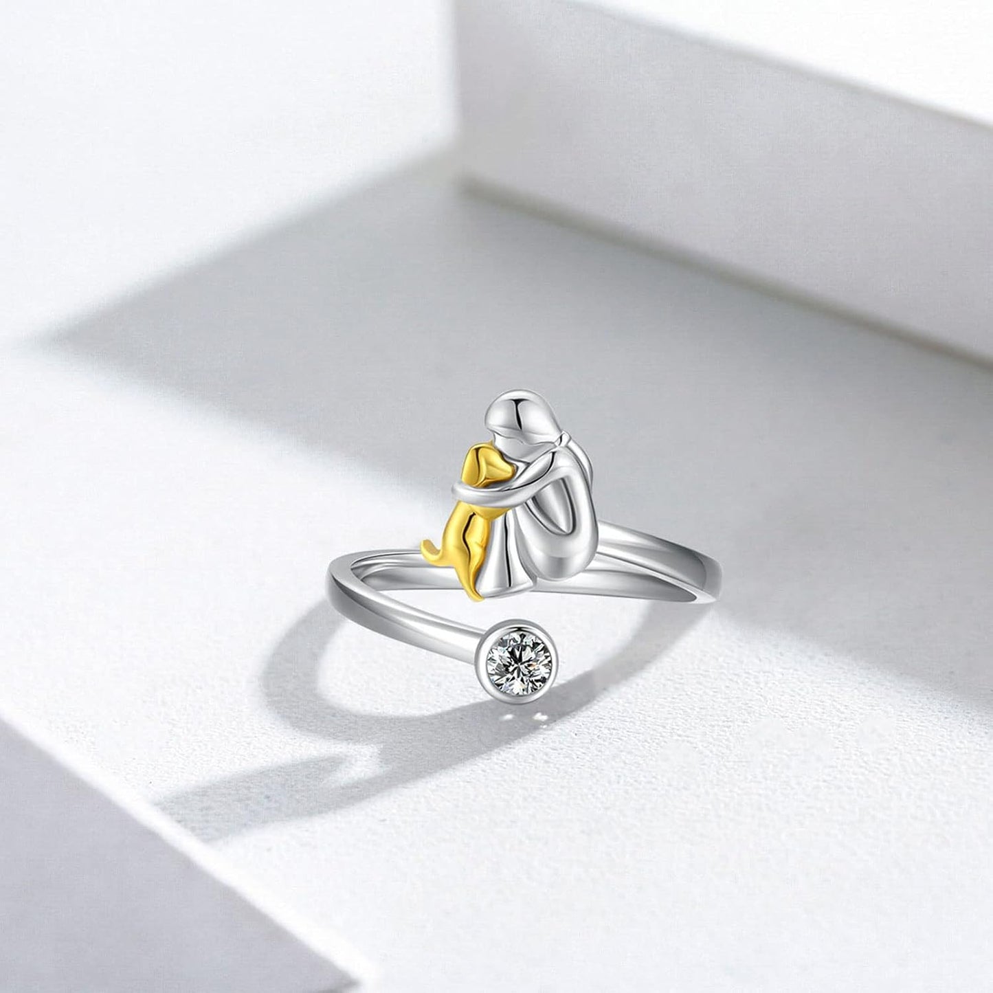 Adjustable Dog & Woman Hug Ring – Handcrafted 925 Sterling Silver Gift for Dog Lovers