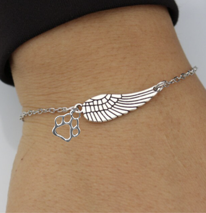 Silver Memory Bracelet with Angel Wing & Paw Print | Handcrafted
