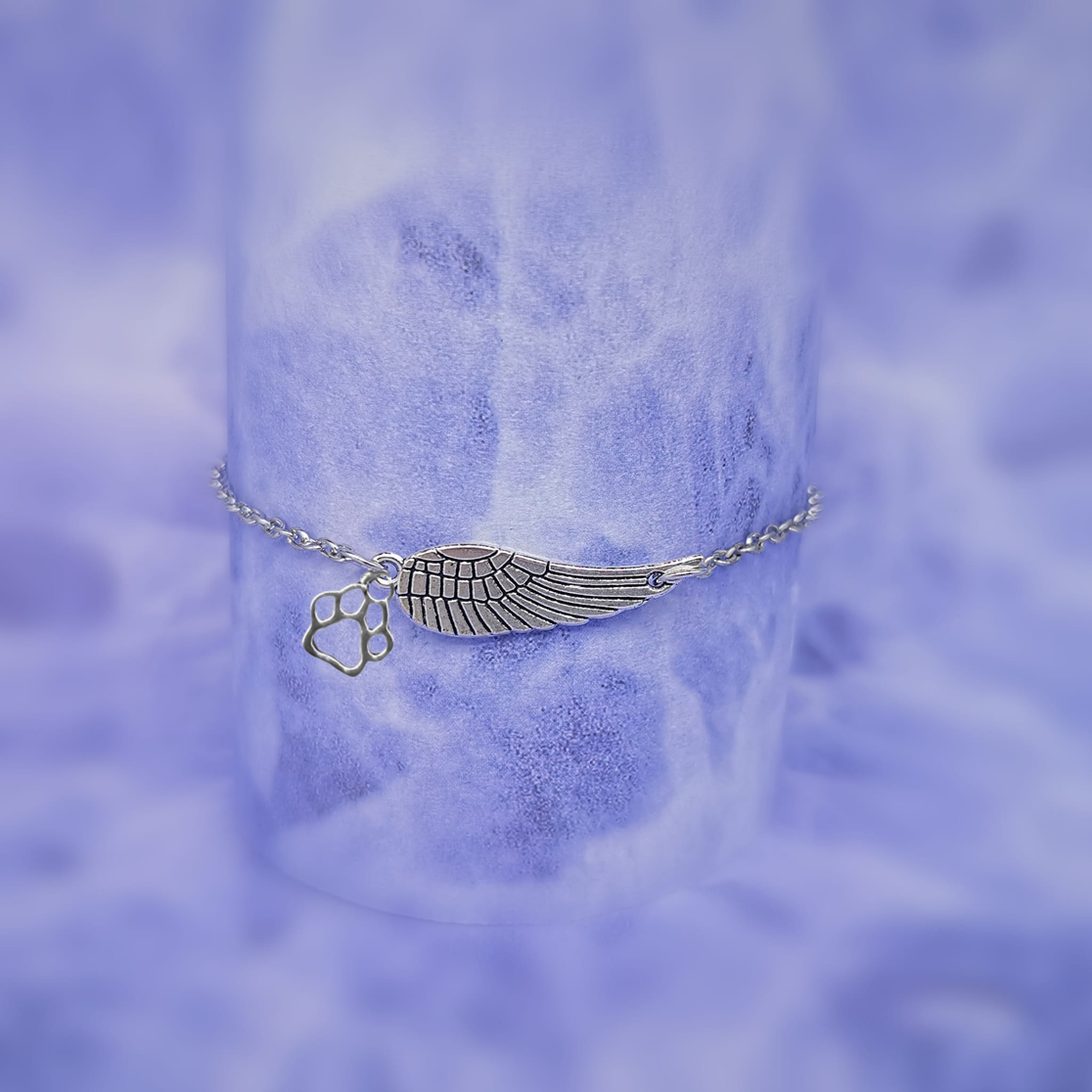 Silver Memory Bracelet with Angel Wing & Paw Print | Handcrafted