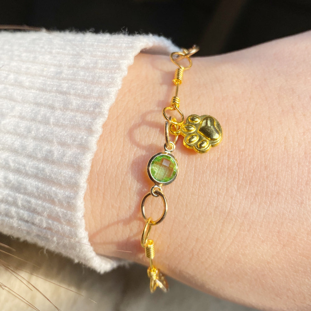 Gold-Plated Paw Birthstone Bracelet for Pet Lovers