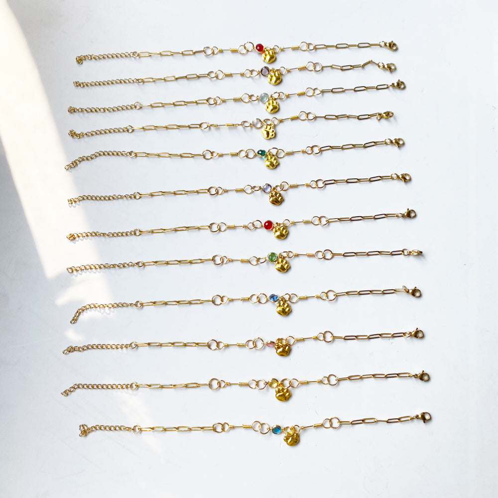 Gold-Plated Paw Birthstone Bracelet for Pet Lovers