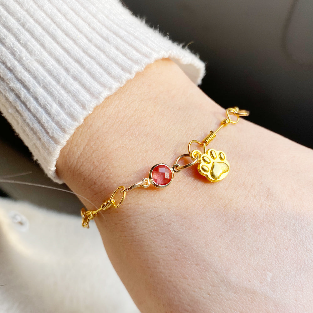 Gold-Plated Paw Birthstone Bracelet for Pet Lovers