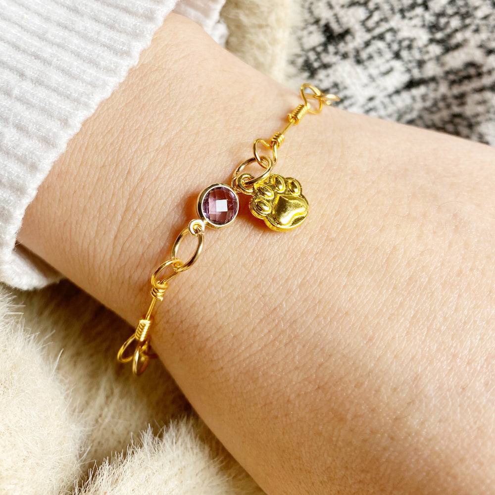 Gold-Plated Paw Birthstone Bracelet for Pet Lovers