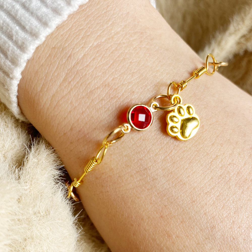 Gold-Plated Paw Birthstone Bracelet for Pet Lovers