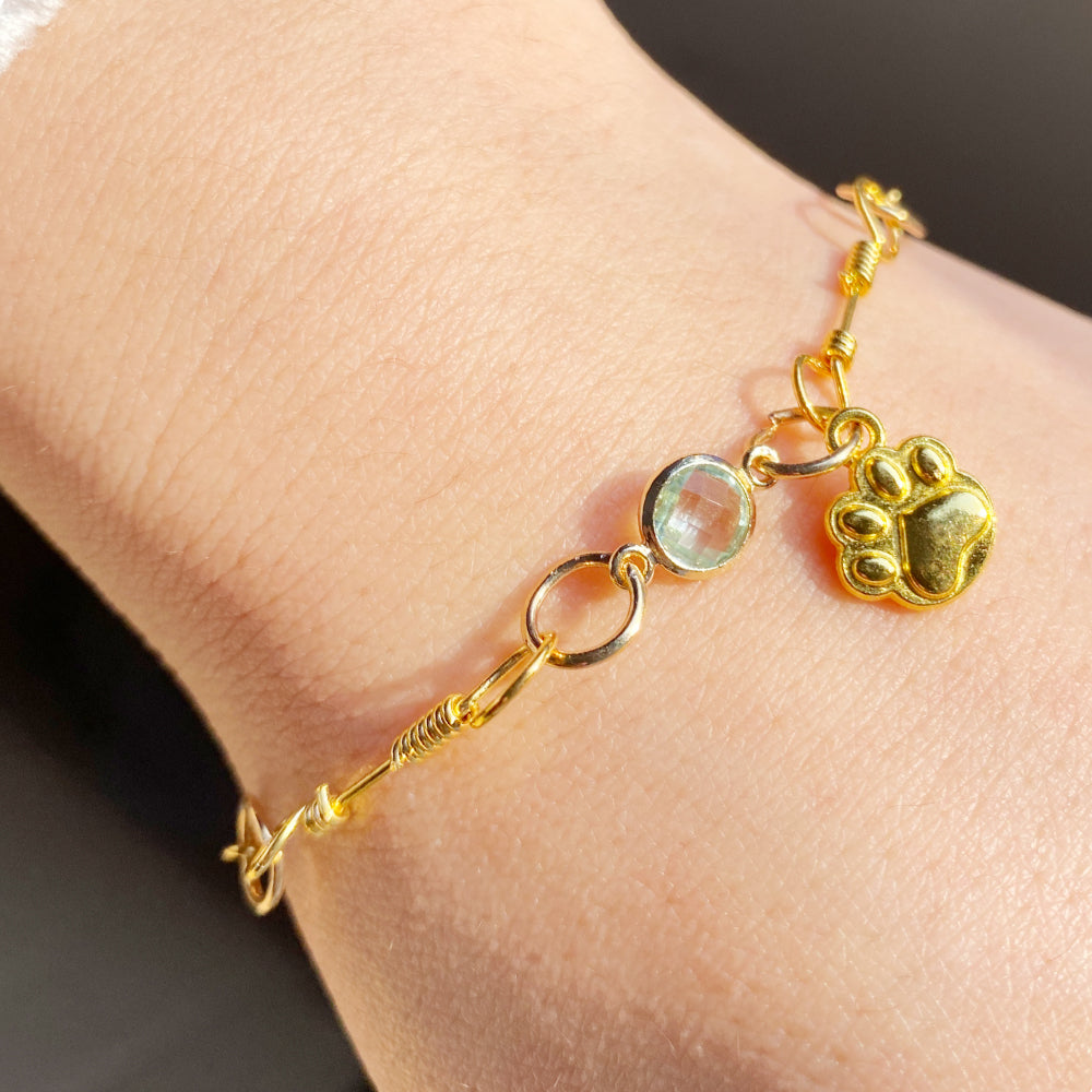 Gold-Plated Paw Birthstone Bracelet for Pet Lovers