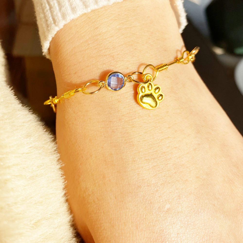 Gold-Plated Paw Birthstone Bracelet for Pet Lovers
