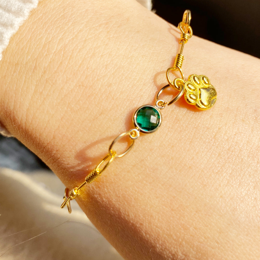 Gold-Plated Paw Birthstone Bracelet for Pet Lovers