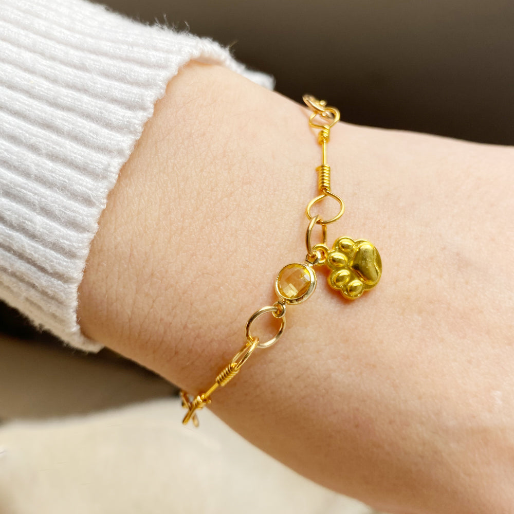 Gold-Plated Paw Birthstone Bracelet for Pet Lovers