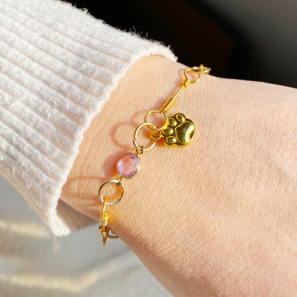 Gold-Plated Paw Birthstone Bracelet for Pet Lovers