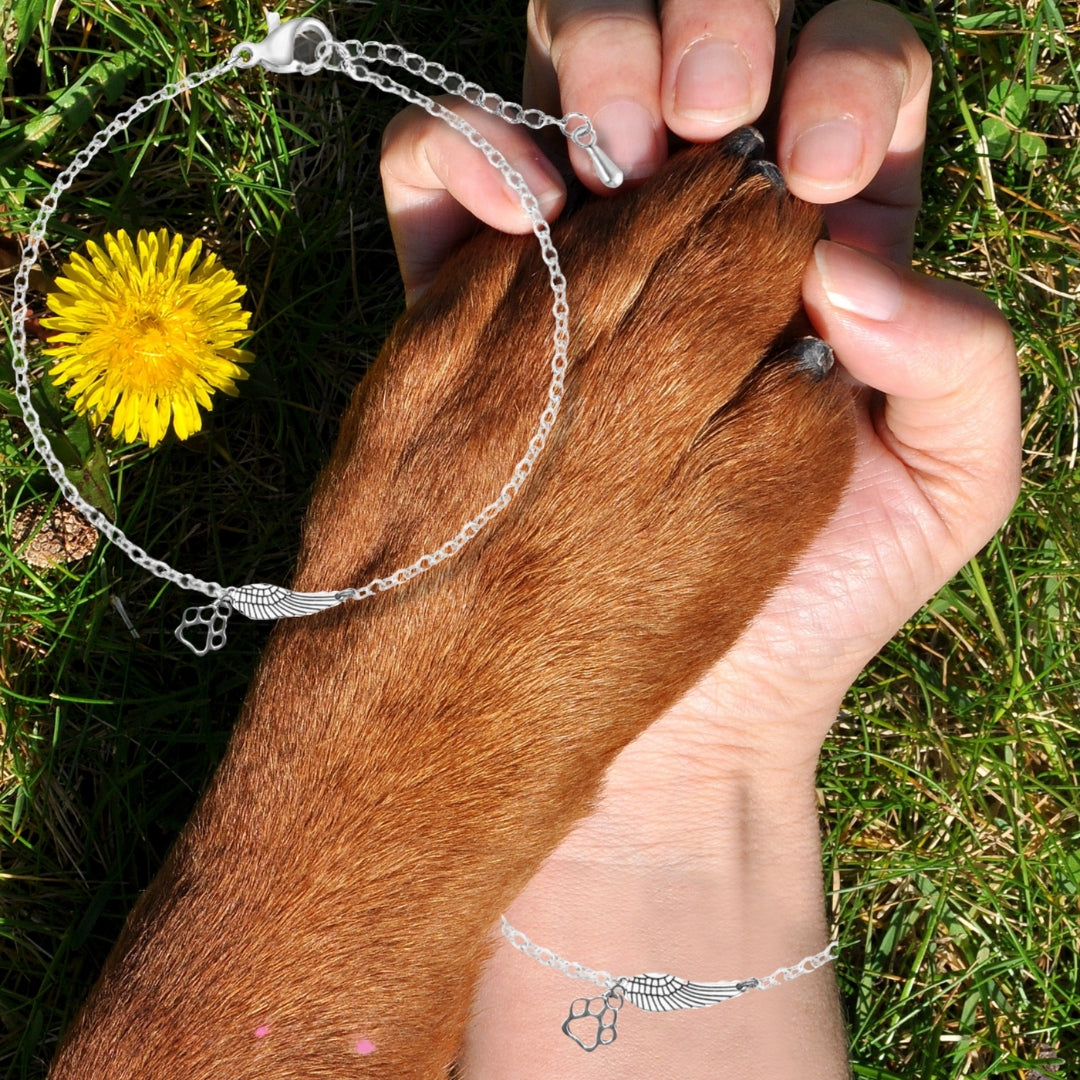 Silver Memory Bracelet with Angel Wing & Paw Print | Handcrafted