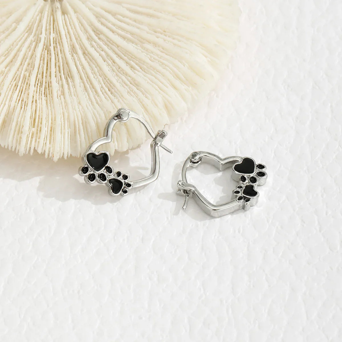 Heart & Paw Hoop Earrings – Silver-Tone Pet Lover Earrings with Black Enamel Detail