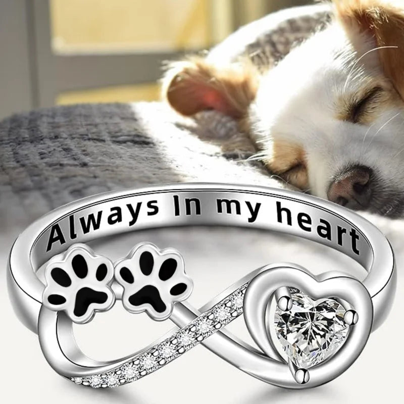 Paw Print Ring with Heart-Shaped Zirconia & Infinity Symbol – "Always in My Heart" – 925 Sterling Silver