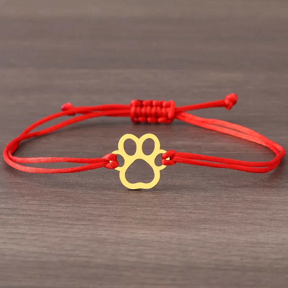 Adjustable Paw Print Bracelet with Black & Red Cord