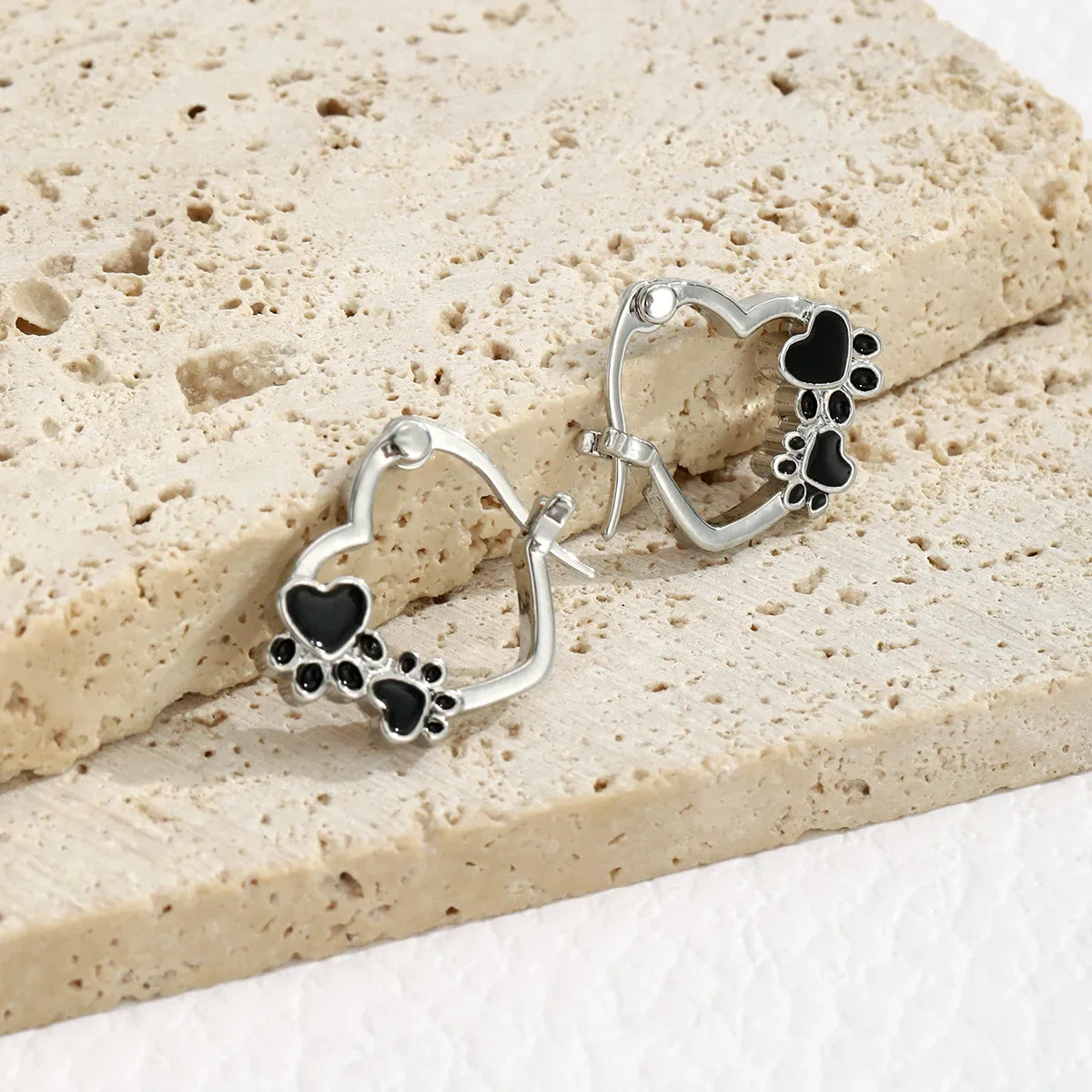 Heart & Paw Hoop Earrings – Silver-Tone Pet Lover Earrings with Black Enamel Detail