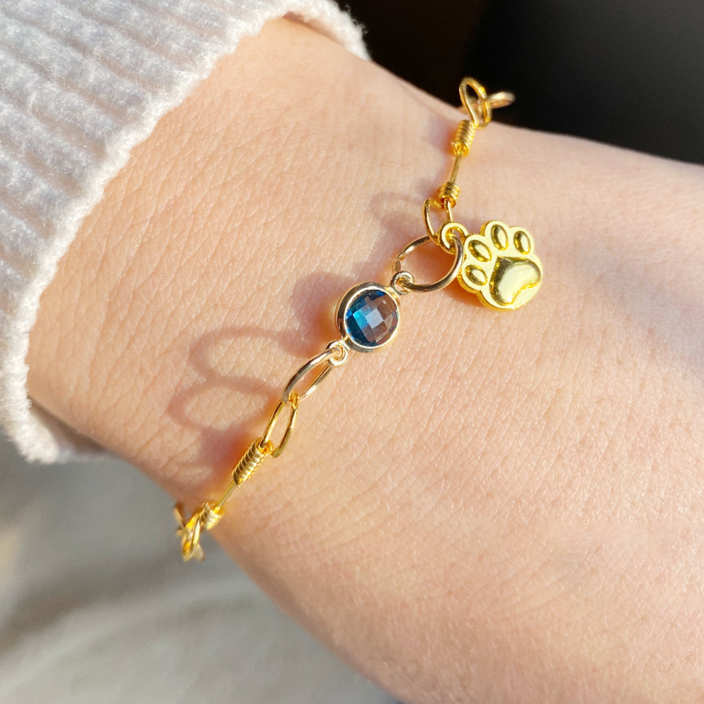 Gold-Plated Paw Birthstone Bracelet for Pet Lovers