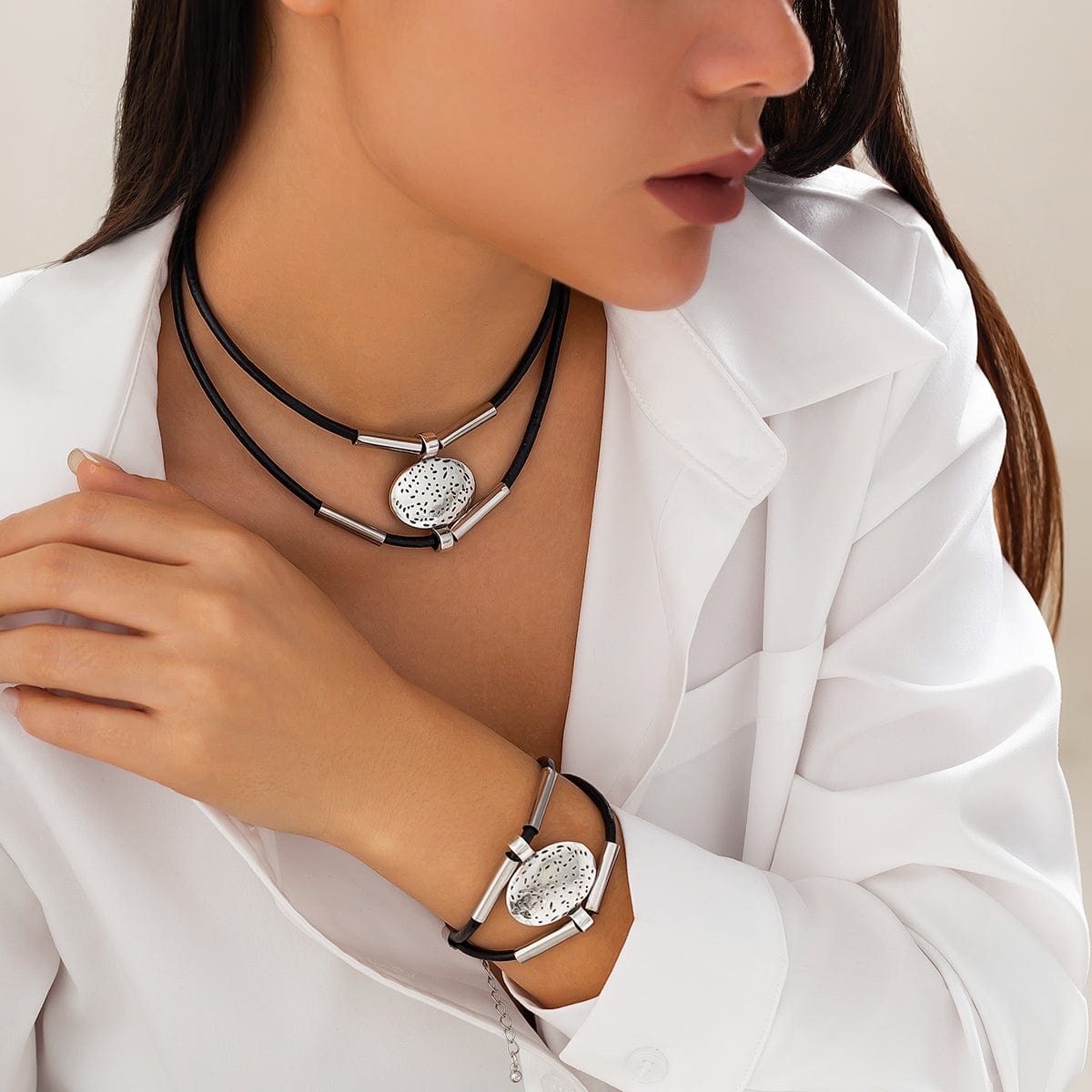 Handcrafted 2-Piece Ethno Jewelry Set with Carved Oval Pendant | Necklace & Bracelet