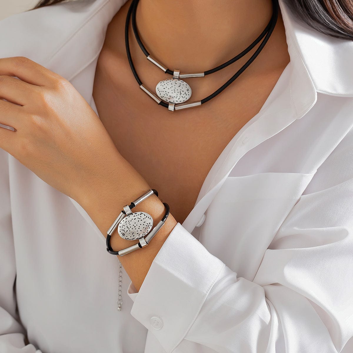 Handcrafted 2-Piece Ethno Jewelry Set with Carved Oval Pendant | Necklace & Bracelet