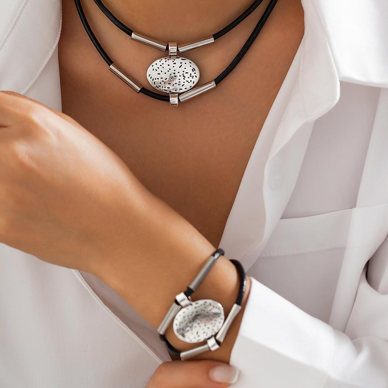Handcrafted 2-Piece Ethno Jewelry Set with Carved Oval Pendant | Necklace & Bracelet