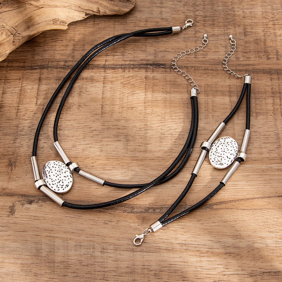 Handcrafted 2-Piece Ethno Jewelry Set with Carved Oval Pendant | Necklace & Bracelet