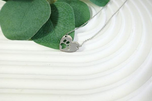 Silver Heart Paw Print Necklace with Pendant