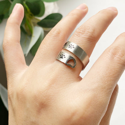 Adjustable Stainless Steel Paw Heart Twist Ring