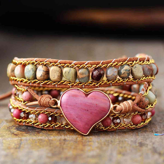 Bracelet with Heart-Shaped Natural Stone Beads and Crystals