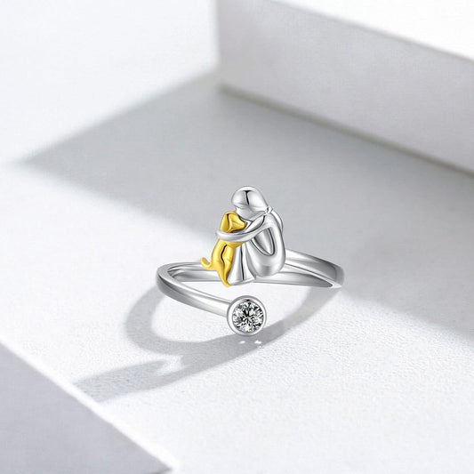 Adjustable Dog & Woman Hug Ring – Handcrafted 925 Sterling Silver Gift for Dog Lovers