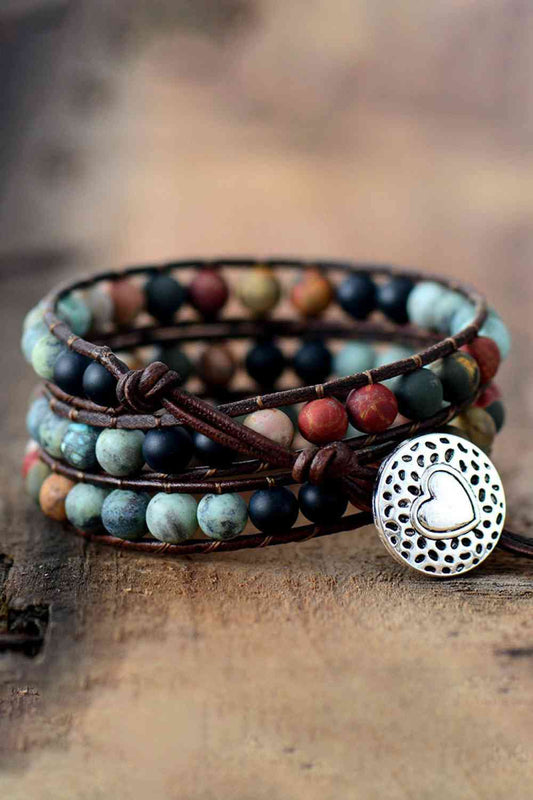 Handcrafted Triple-Layer Bracelet with Agate and Pinewood Beads