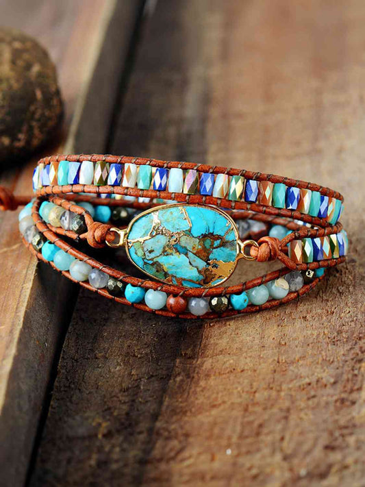 Triple-Layer Bracelet with Agate, Natural Stones, and Pinewood