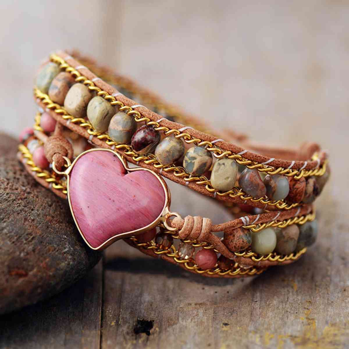 Bracelet with Heart-Shaped Natural Stone Beads and Crystals