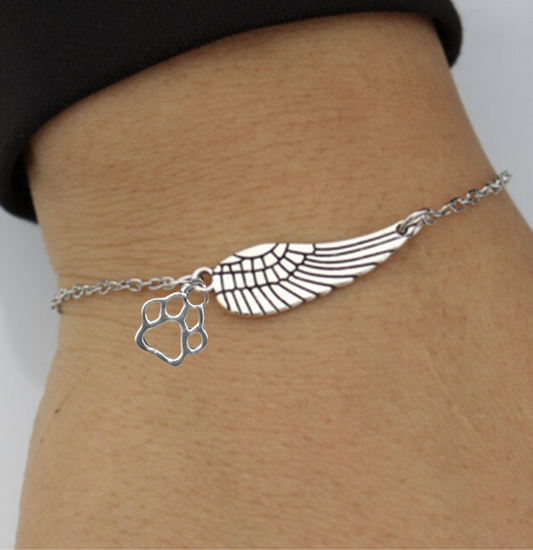 Silver Memory Bracelet with Angel Wing & Paw Print | Handcrafted