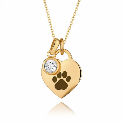 Gold-Plated Paw Birthstone Necklace with Heart Pendant