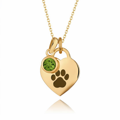 Gold-Plated Paw Birthstone Necklace with Heart Pendant