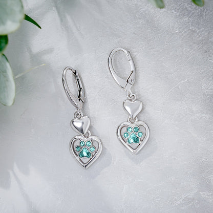 Paw Heart Birthstone Earrings in Stainless Steel