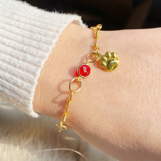Gold-Plated Paw Birthstone Bracelet for Pet Lovers