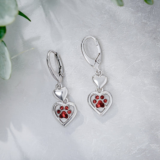 Paw Heart Birthstone Earrings in Stainless Steel