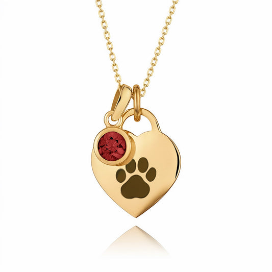 Gold-Plated Paw Birthstone Necklace with Heart Pendant