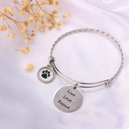 Stainless Steel “Live Love Rescue” Paw Bangle – Adjustable