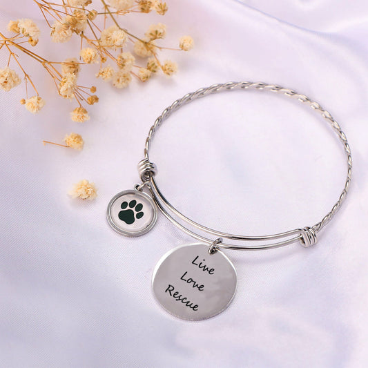 Stainless Steel “Live Love Rescue” Paw Bangle – Adjustable