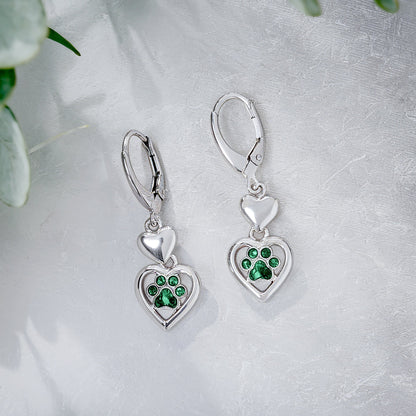Paw Heart Birthstone Earrings in Stainless Steel