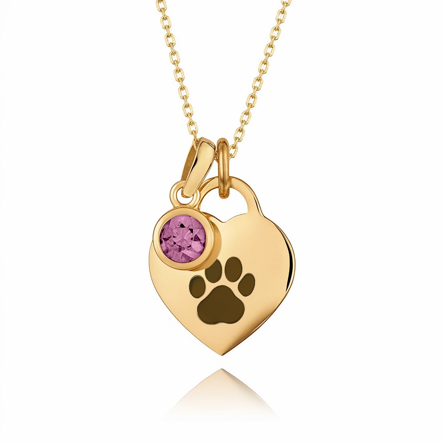 Gold-Plated Paw Birthstone Necklace with Heart Pendant