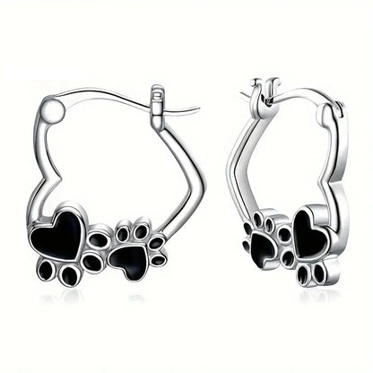 Heart & Paw Hoop Earrings – Silver-Tone Pet Lover Earrings with Black Enamel Detail