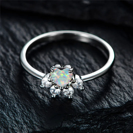 Delicate Heart Ring with White Fire Opal