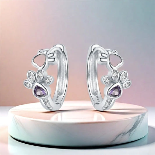 Paw Print Hoop Earrings – 925 Sterling Silver with Zirconia & Heart-Shaped Gemstone