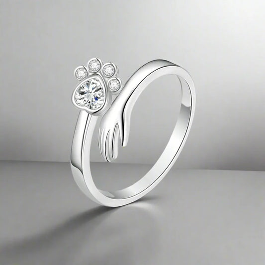 Adjustable Paw Print Ring in 925 Sterling Silver – Hand-in-Paw Design