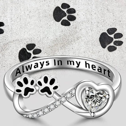 Paw Print Ring with Heart-Shaped Zirconia & Infinity Symbol – "Always in My Heart" – 925 Sterling Silver