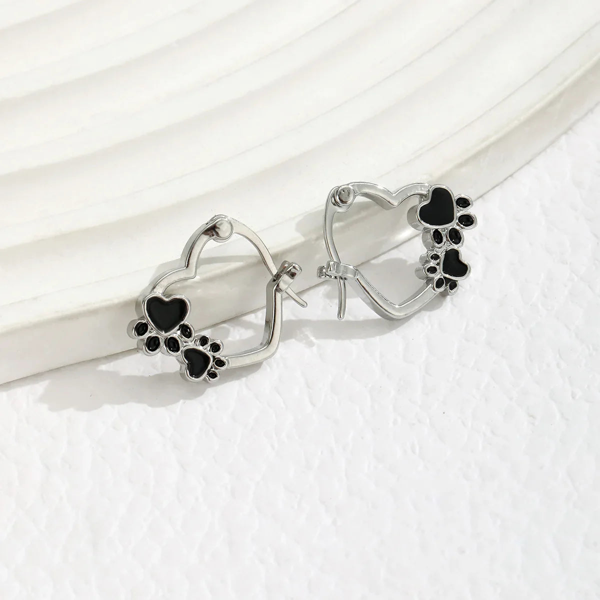 Heart & Paw Hoop Earrings – Silver-Tone Pet Lover Earrings with Black Enamel Detail