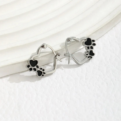 Heart & Paw Hoop Earrings – Silver-Tone Pet Lover Earrings with Black Enamel Detail
