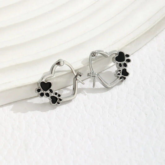 Heart & Paw Hoop Earrings – Silver-Tone Pet Lover Earrings with Black Enamel Detail
