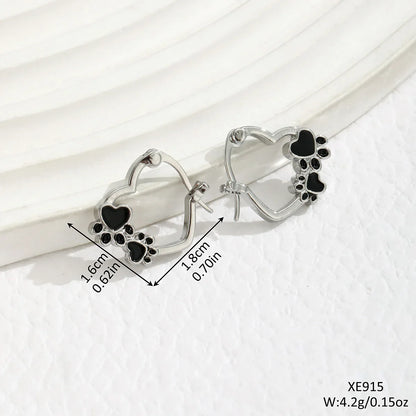 Heart & Paw Hoop Earrings – Silver-Tone Pet Lover Earrings with Black Enamel Detail